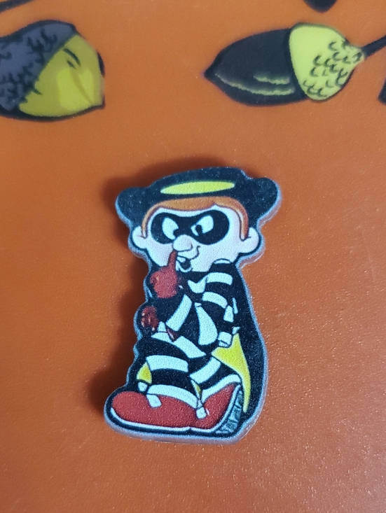 Jewelry - Hamburger Burglar Acrylic Pin- Black, Red, Yellow